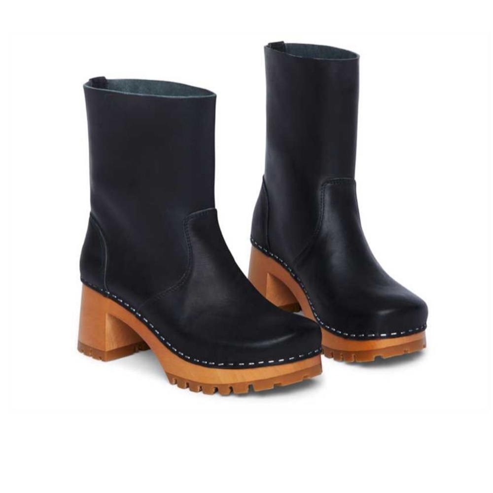 Swedish Hasbeens Black Leather Ankle Boots with Tan Heel